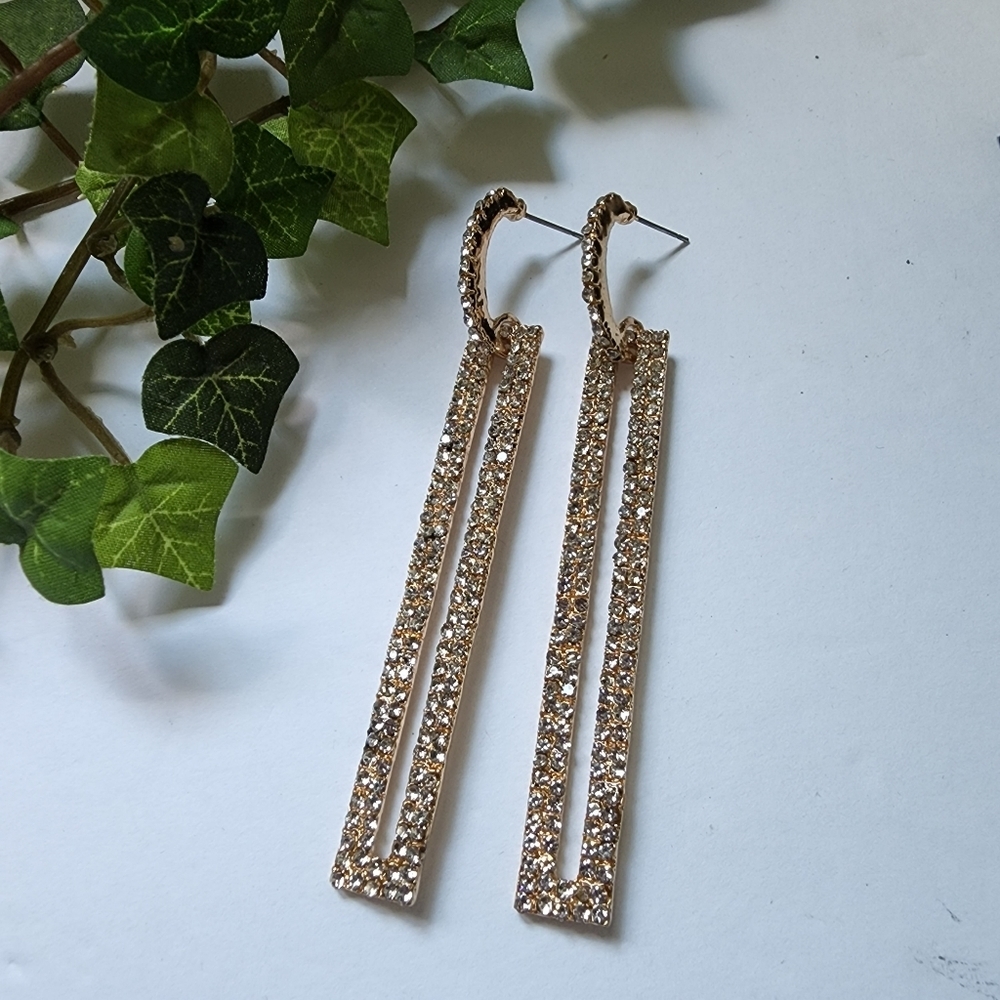 Gold Crystal Long Geometric Needle Bar Drop Earrings - Picture 5 of 6